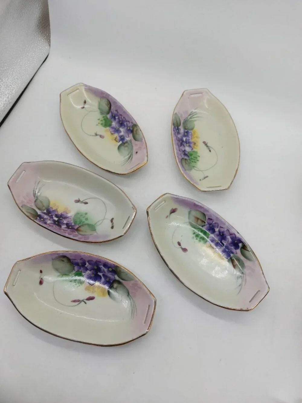 Nippon Salt Cellars Dish Set Of 5 Japan Hand Painted Purple Flowers